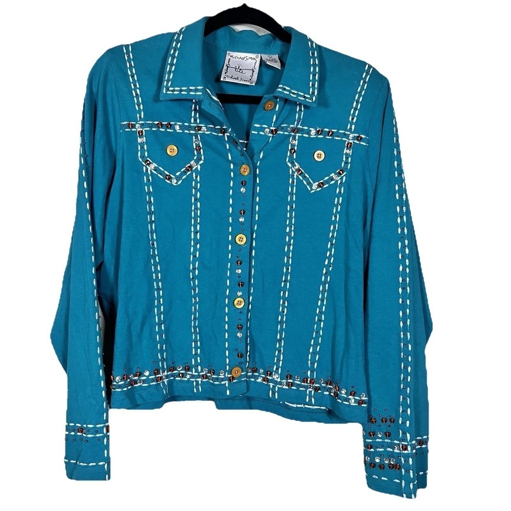 VTG Michael Simon Lite Western Jacket Sweater L Blue Beaded Embellished Button